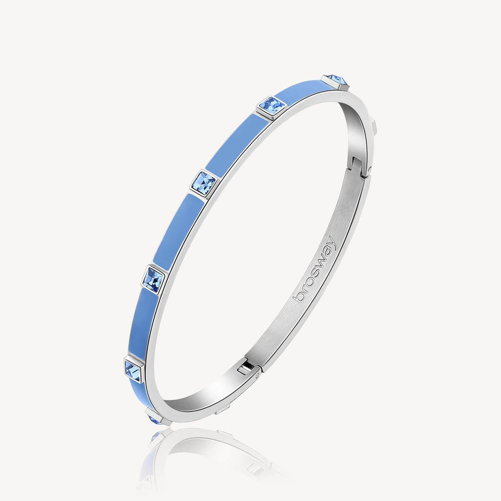 BRC-SS Stainless Steel Latching Bangle with Sky Blue Enamel & Crystals