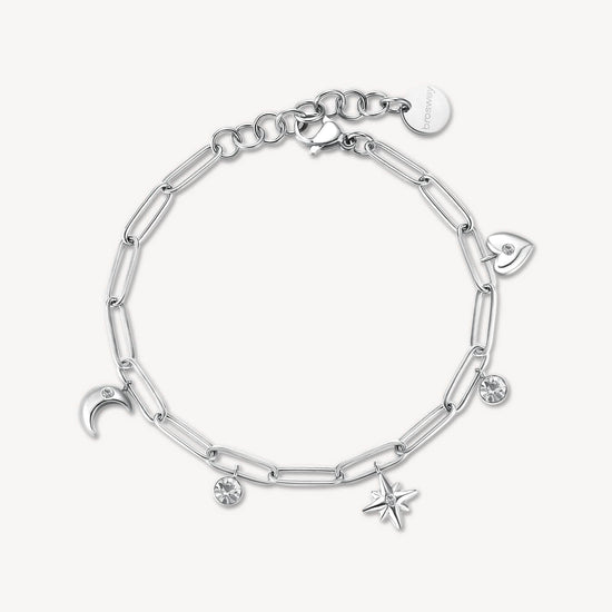 BRC-SS Stainless Steel  Link Chain Bracelet with Moon, Star, & Heart Charms