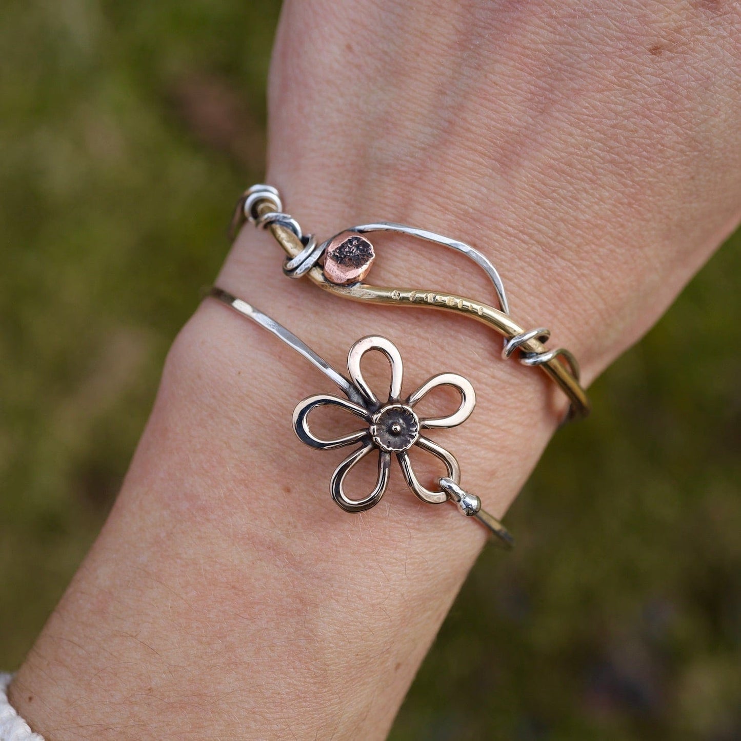 BRC Sterling Silver Clasp Bracelet with Brass Five Petal Daisy