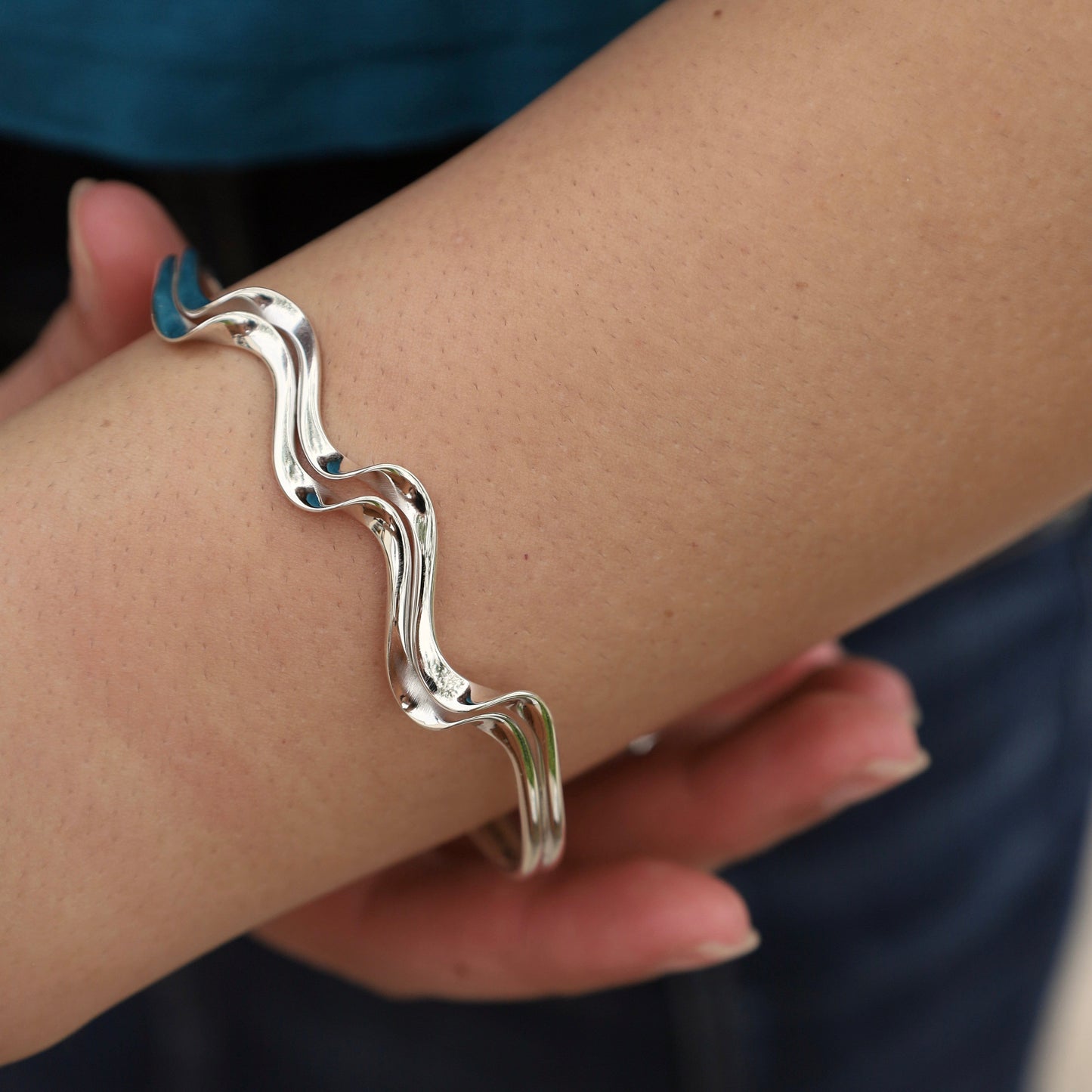 BRC Sterling Silver Double 3 Wide Wave Cuff Bracelet