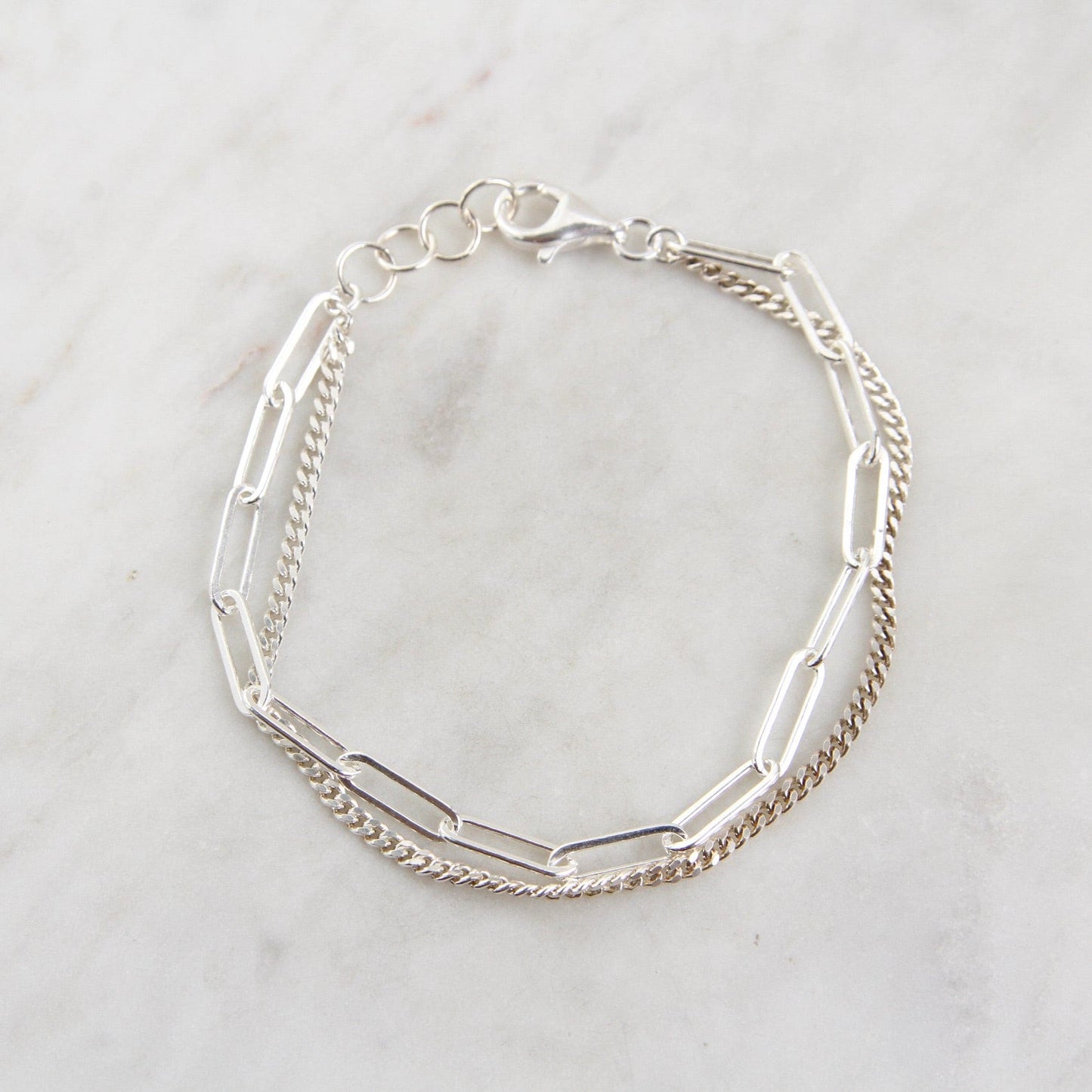 BRC Sterling Silver Double Strand Curb & Paperclip Chain Bracelet