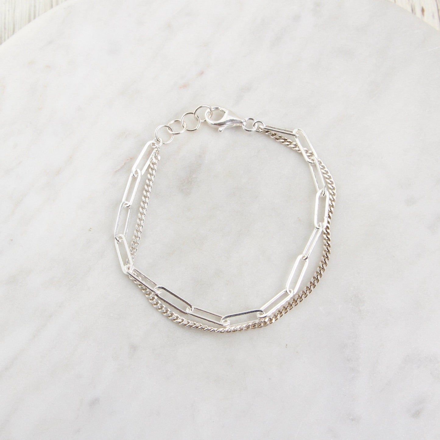 BRC Sterling Silver Double Strand Curb & Paperclip Chain Bracelet