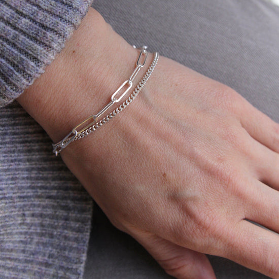 BRC Sterling Silver Double Strand Curb & Paperclip Chain Bracelet