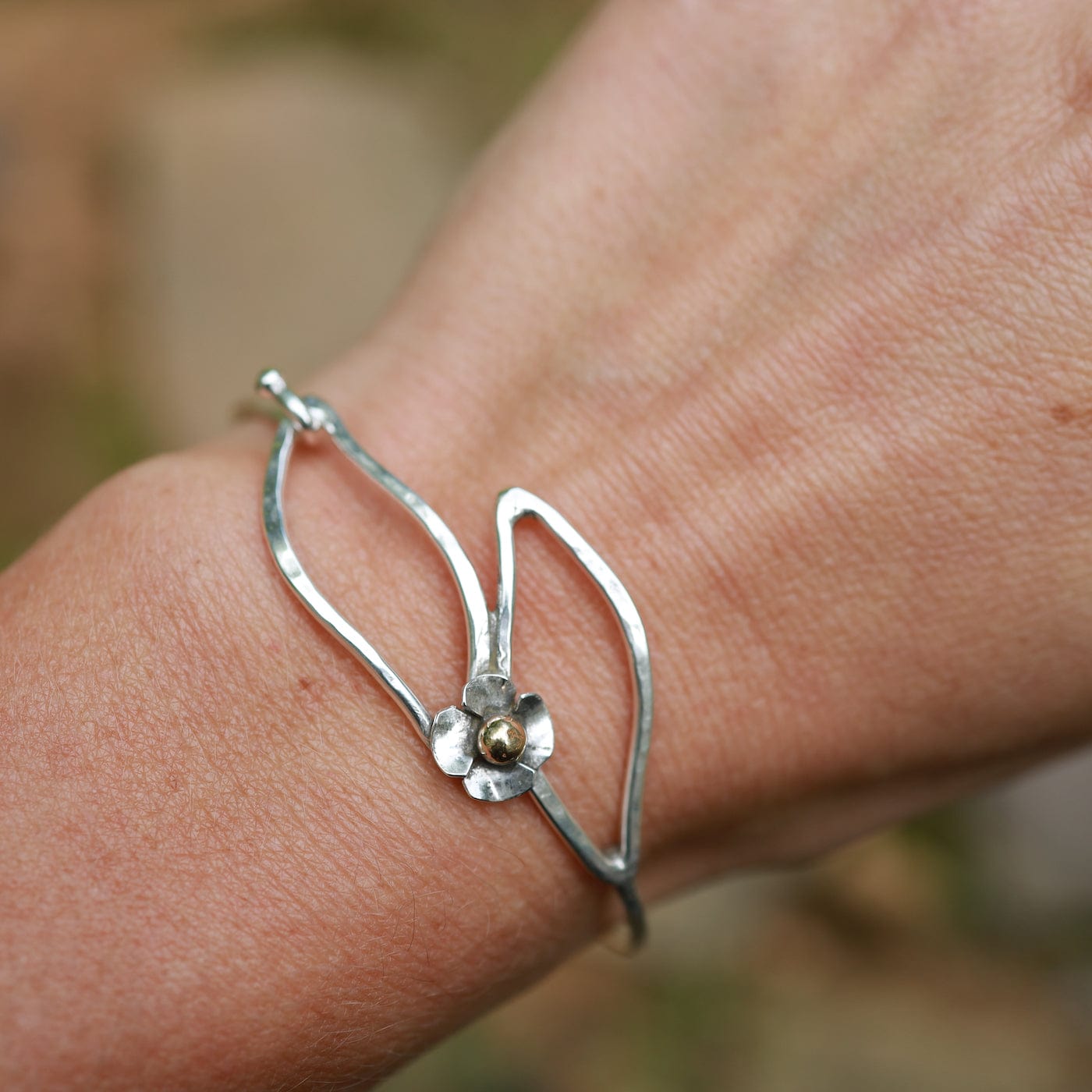 Sterling Silver Hook Bangle with Double Leaf