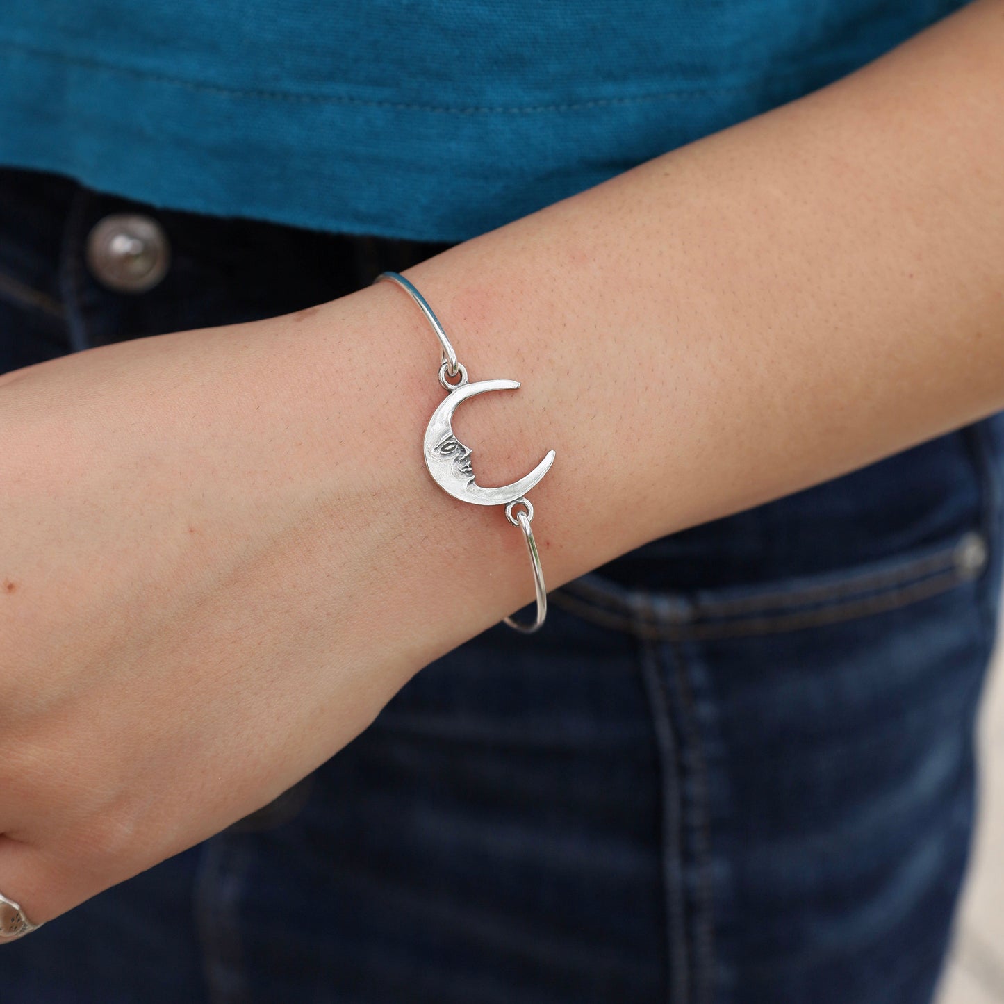 BRC Sterling Silver Latching Moon Bangle Bracelet