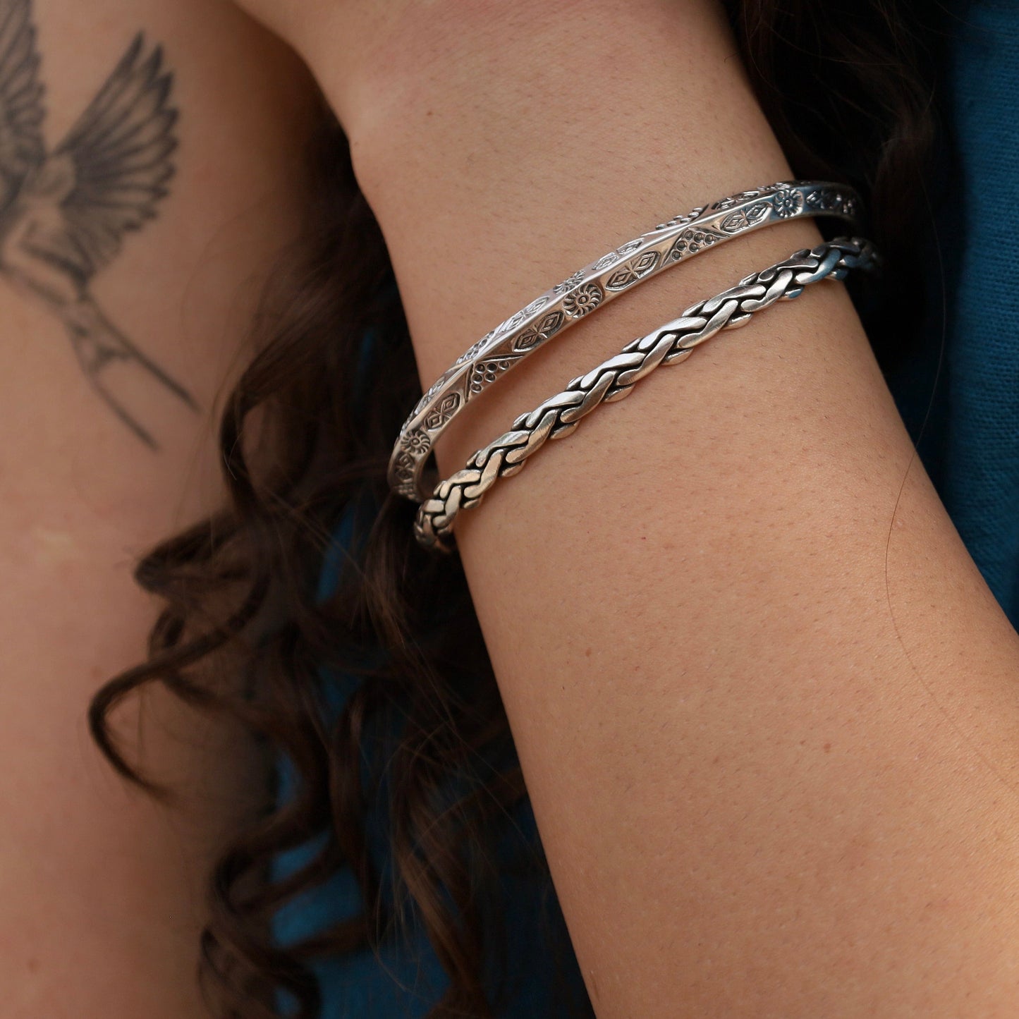 BRC Sterling Silver Oxidized Chain Braided Cuff Bracelet