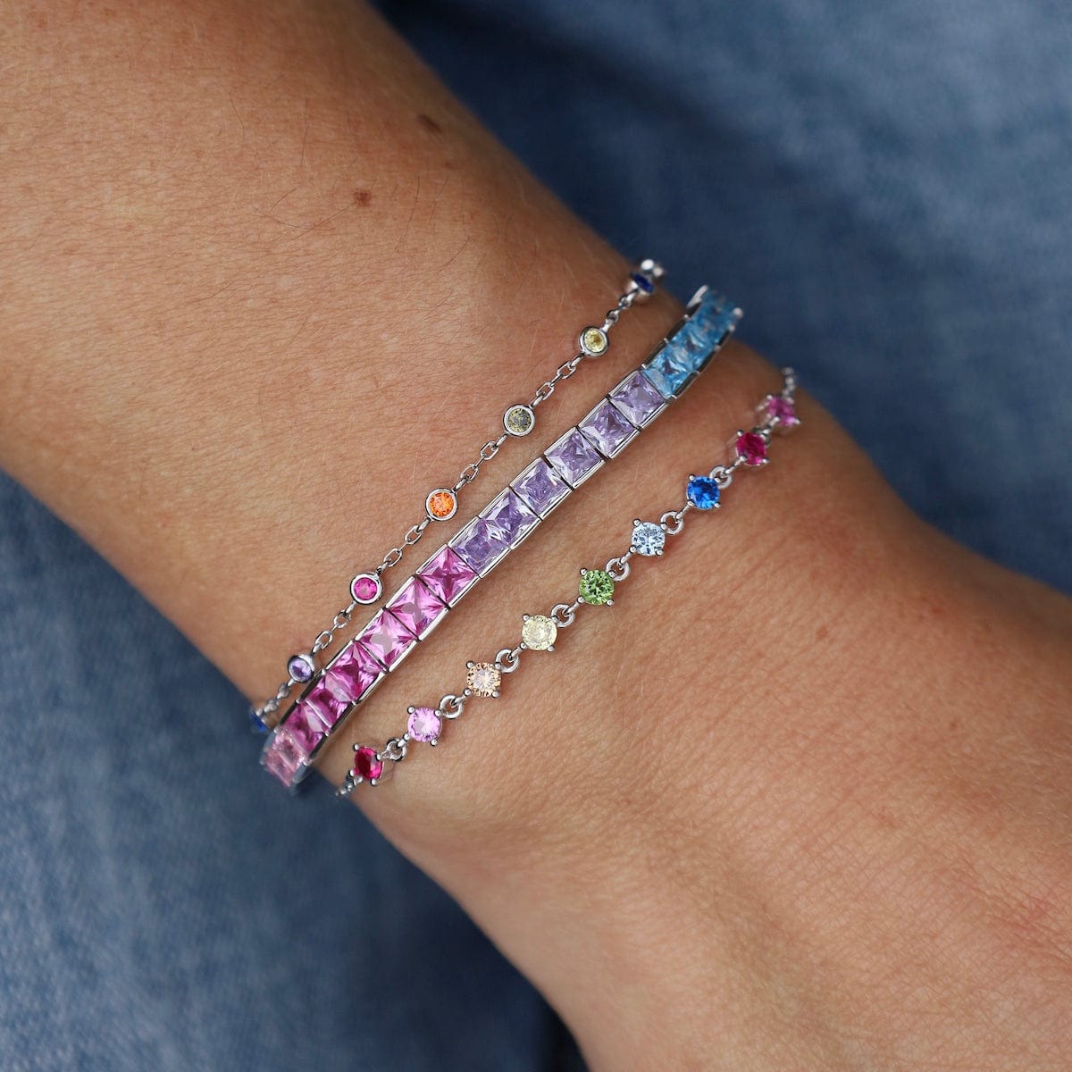BRC Sterling Silver Princess Rainbow CZ Tennis Bracelet