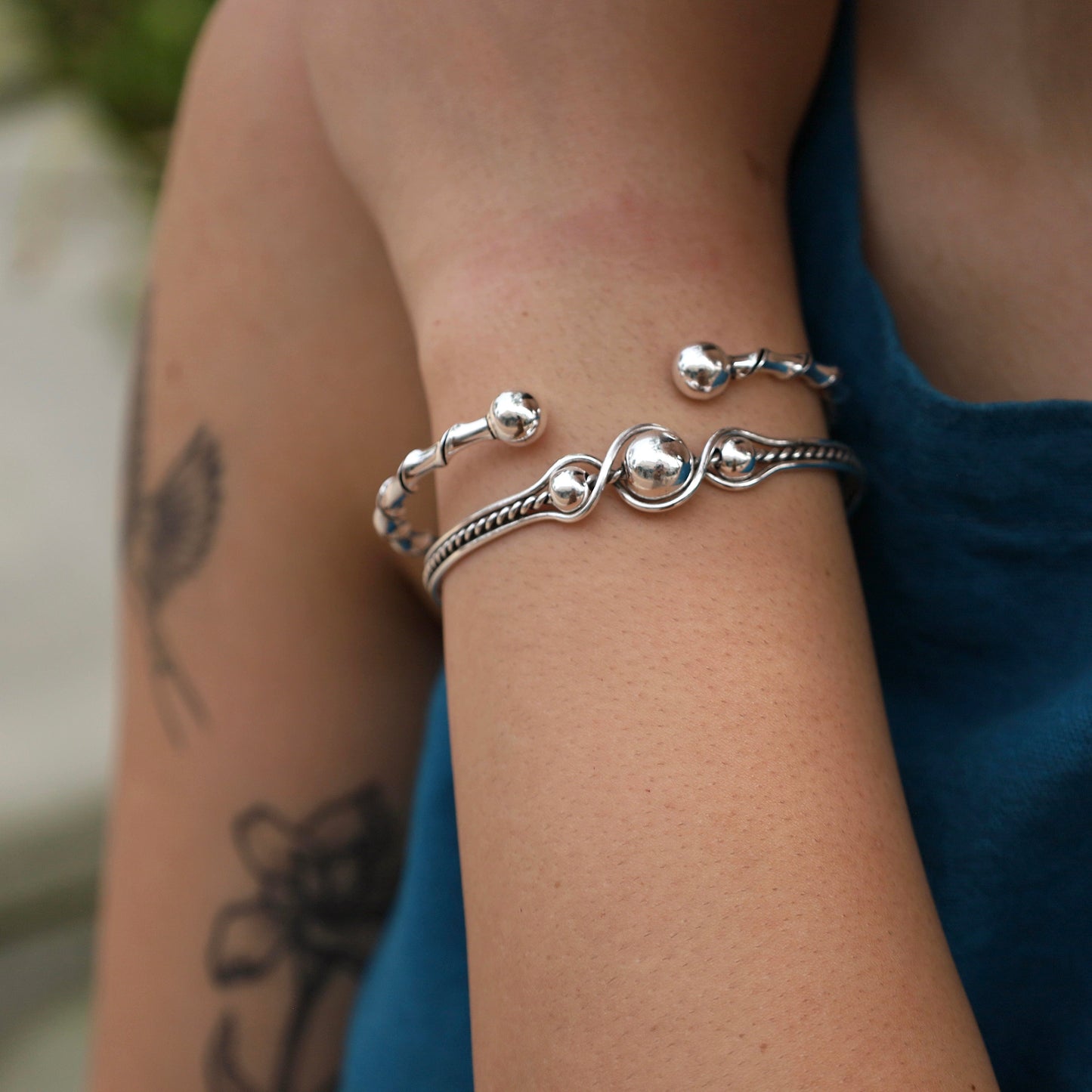 BRC Sterling Silver Ribbon Twist with Ball Ends Cuff Bracelet