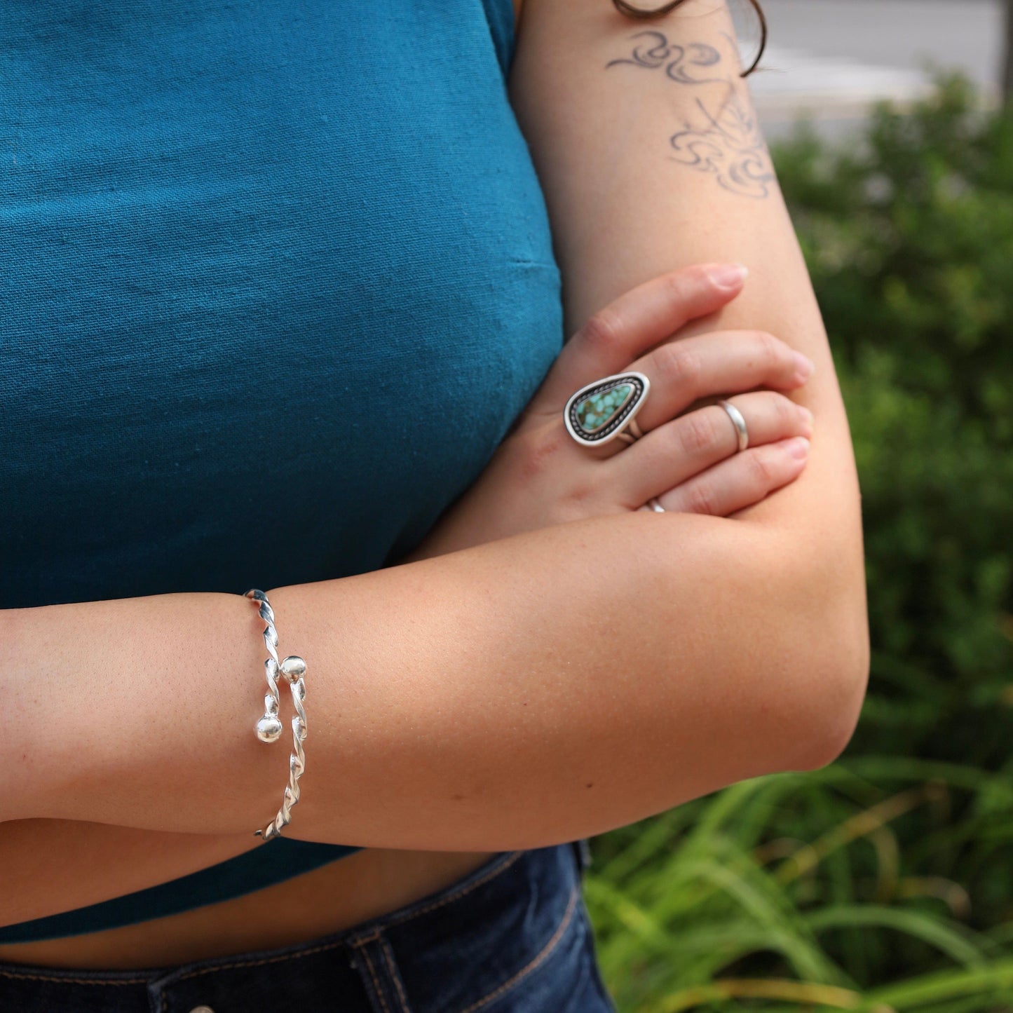 BRC Sterling Silver Twisted Cuff Bangle with Ball Ends