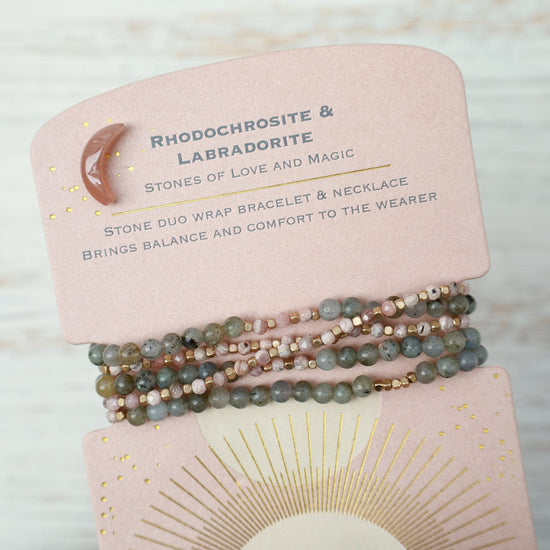 BRC Stone Duo Wrap Bracelet/Necklace/Pin - Rhodochrosite & Labradorite