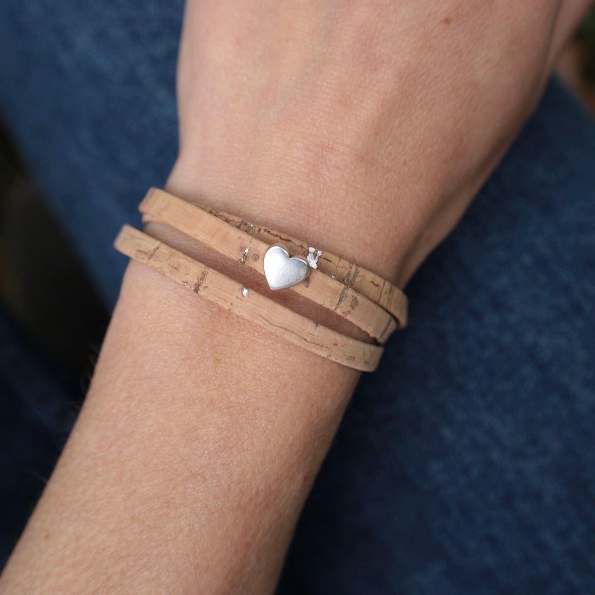 1118 BRC Triple Wrap Cork Bracelet With Flat Heart - Natural Silver
