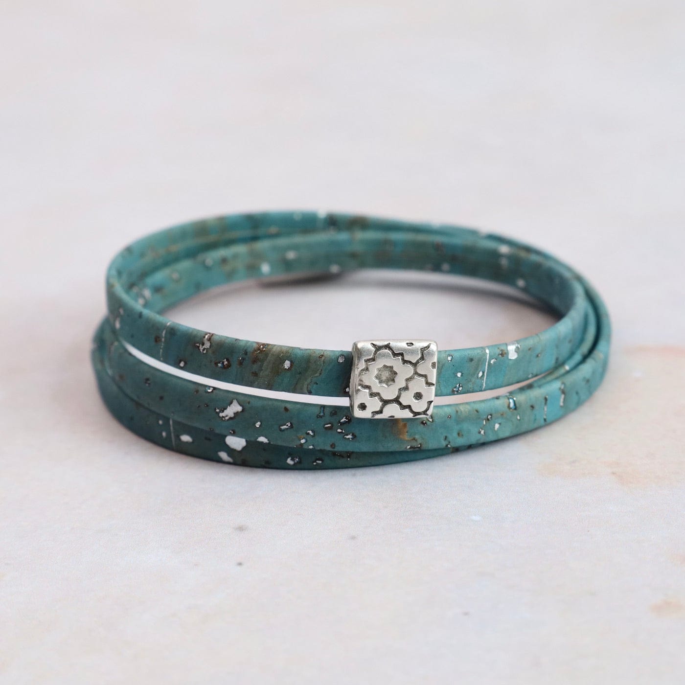 BRC Triple Wrap Cork Bracelet With Flower Tile - Seafoam