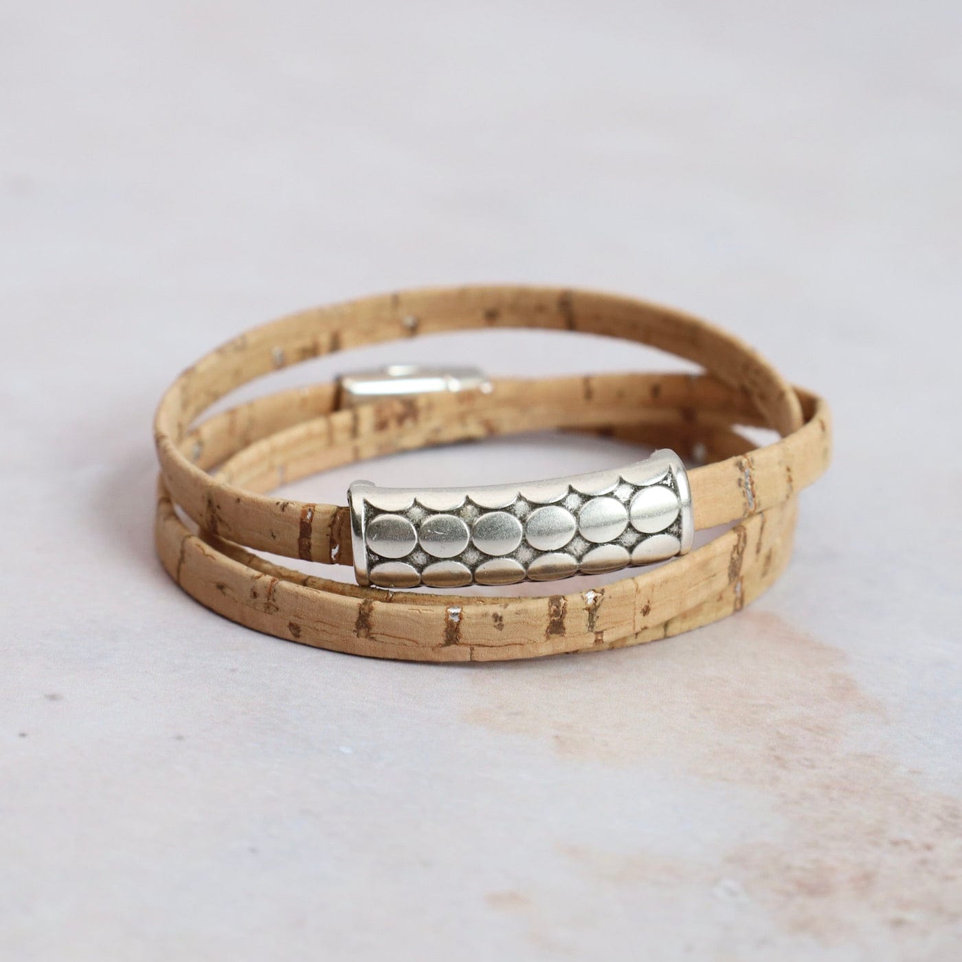 BRC Triple Wrap Cork Bracelet With Mod Circles - Natural Silver