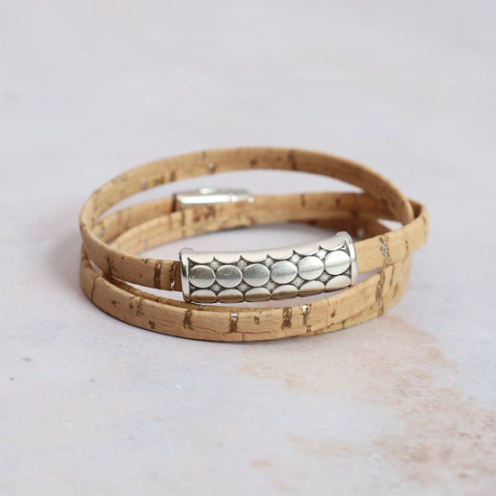 BRC Triple Wrap Cork Bracelet With Mod Circles - Natural Silver