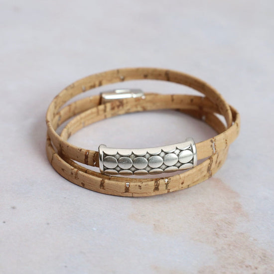 BRC Triple Wrap Cork Bracelet With Mod Circles - Natural Silver
