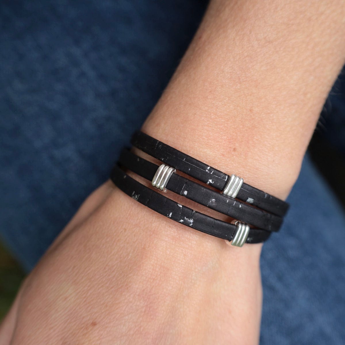 BRC Triple Wrap Cork Bracelet With Striped Bands - Black Silver