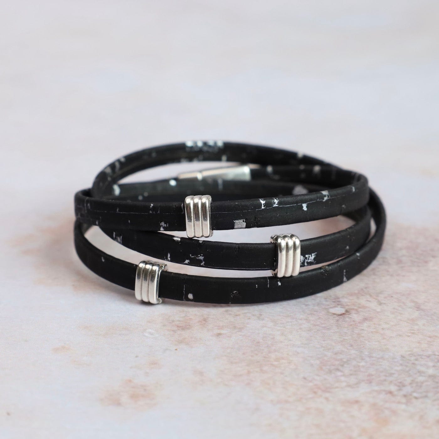 BRC Triple Wrap Cork Bracelet With Striped Bands - Black Silver