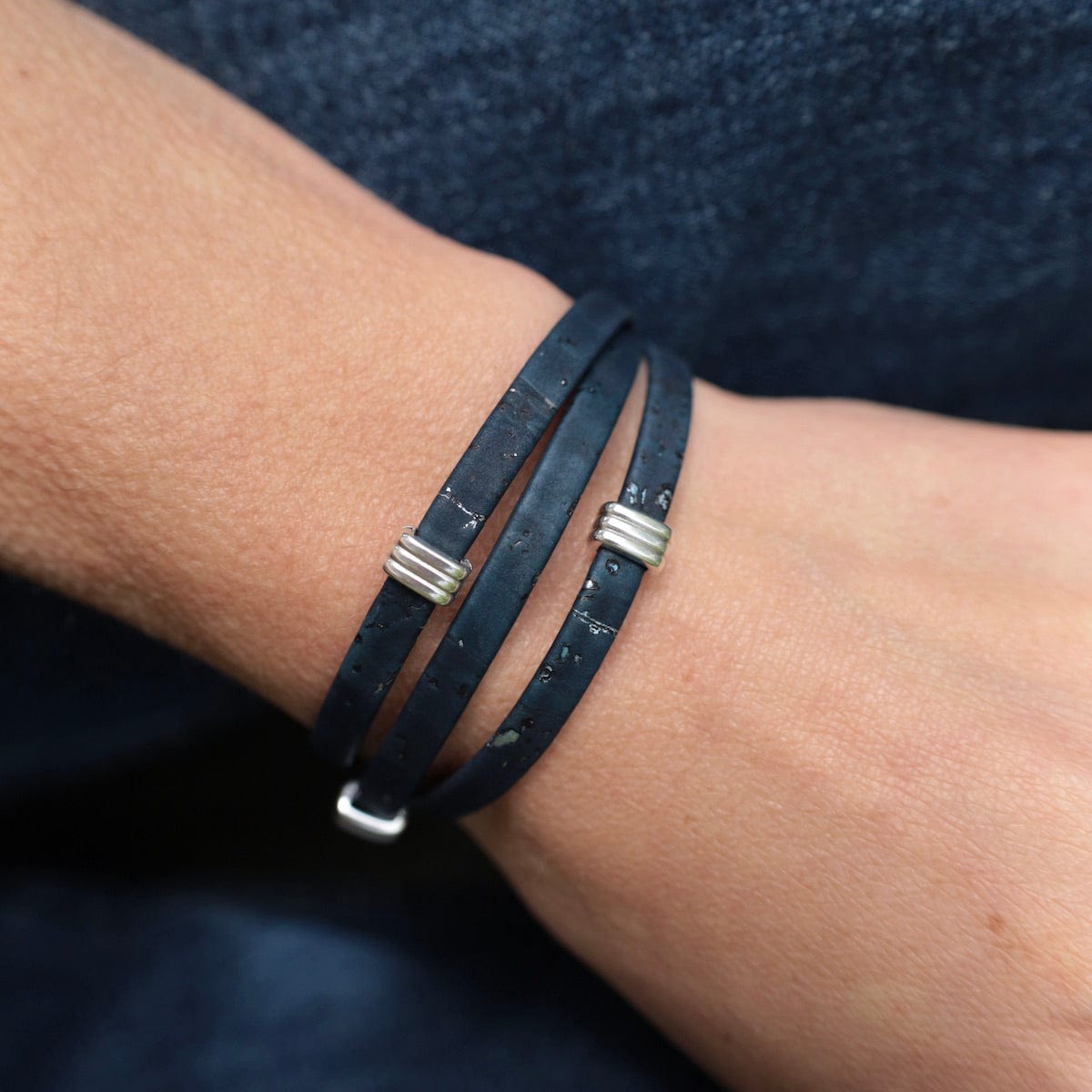 BRC Triple Wrap Cork Bracelet With Striped Bands - Navy Silver