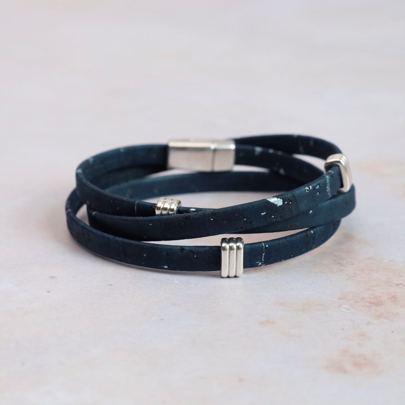 BRC Triple Wrap Cork Bracelet With Striped Bands - Navy Silver