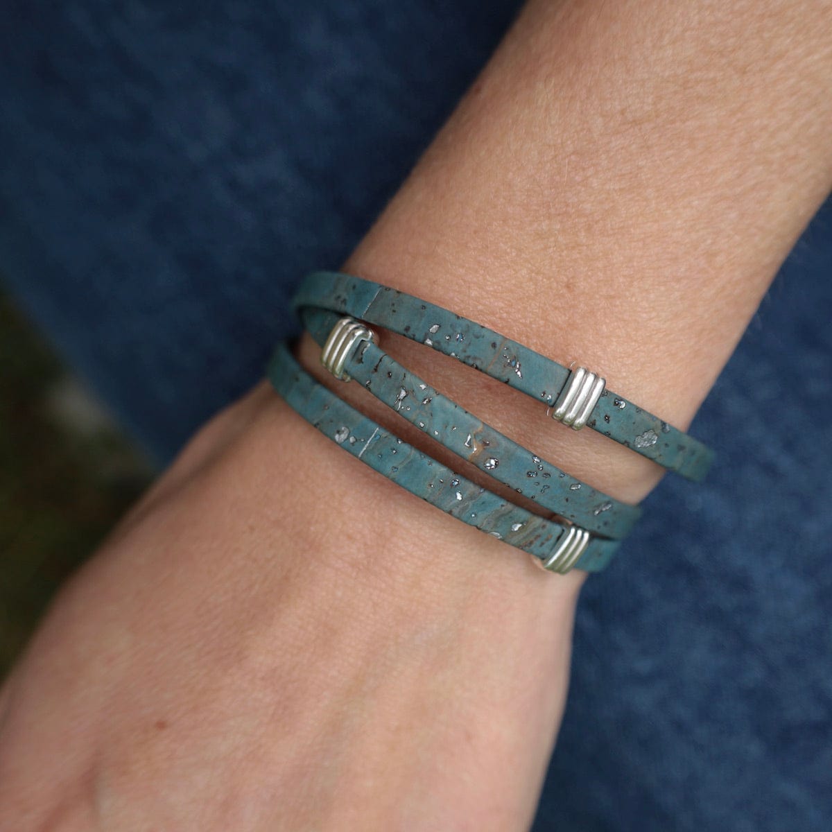 BRC Triple Wrap Cork Bracelet With Striped Bands - Seafoam