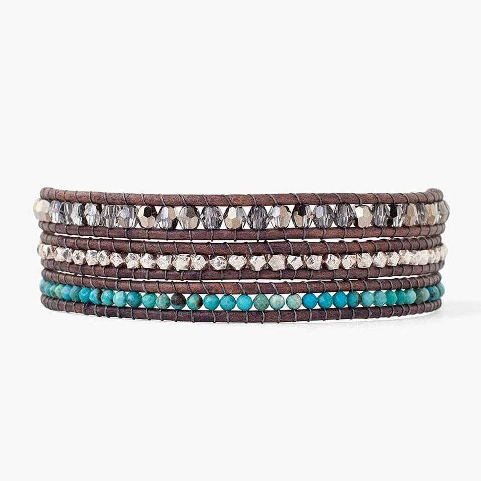 BRC Turquoise Mix Three Wrap Bracelet On Natural Grey Leather