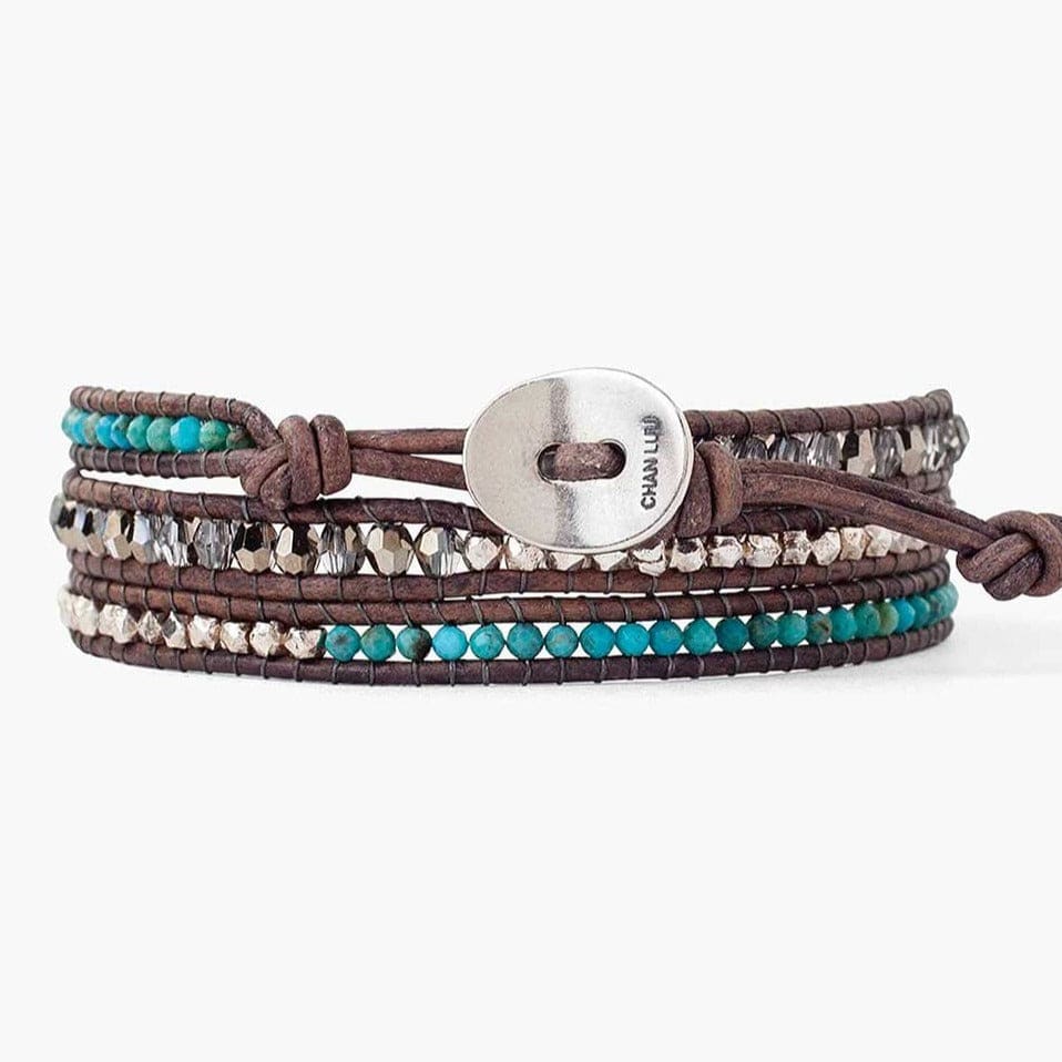 
                  
                    BRC Turquoise Mix Three Wrap Bracelet On Natural Grey Leather
                  
                