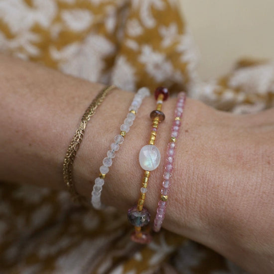 BRC-VRM Gold Glass Bracelet with Moonstone, Pink Sapphires