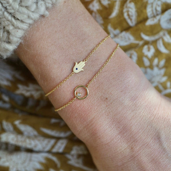 Load image into Gallery viewer, BRC-VRM Tiny Hamsa Hand with Sapphire Bracelet- Brushed Gold Vermeil
