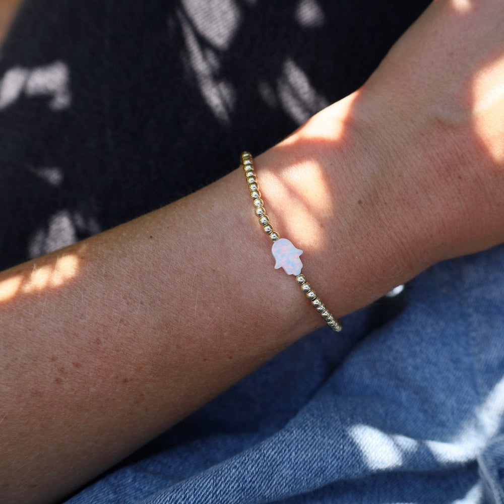 BRC White Opal Hamsa Gold Filled Ball Bracelet