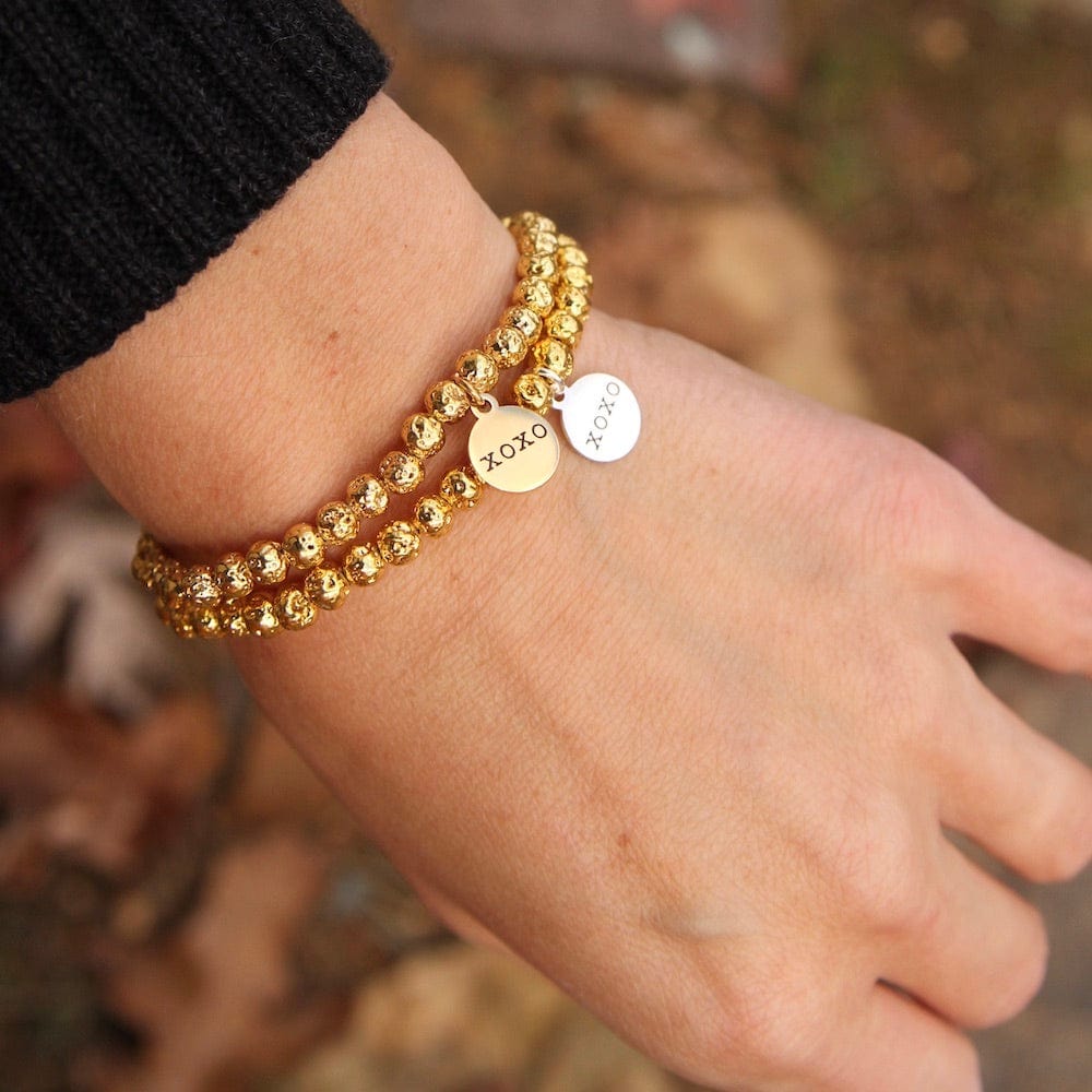 BRC XOXO ~ Stretchy Gold Plated Lavastone Bracelet -Silver Charm