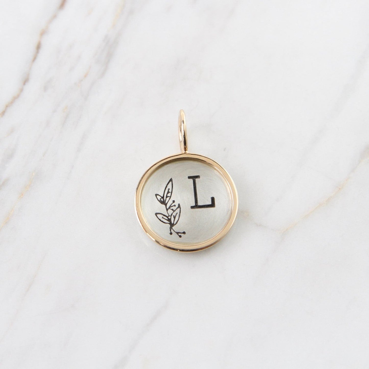 CHM Letter and Leaf Spray Small Silver Round Disc with Yellow Gold Frame Charm