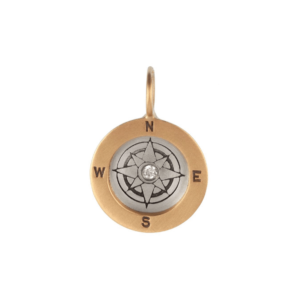 CHM Silver Compass Charm with 14k Gold Frame & Center Diamond