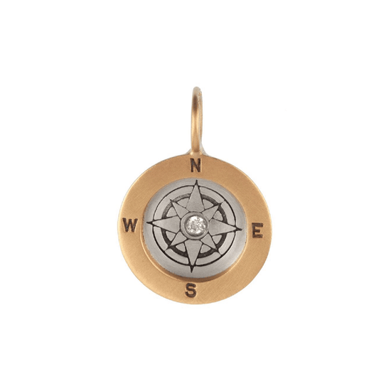 Load image into Gallery viewer, CHM Silver Compass Charm with 14k Gold Frame &amp;amp; Center Diamond
