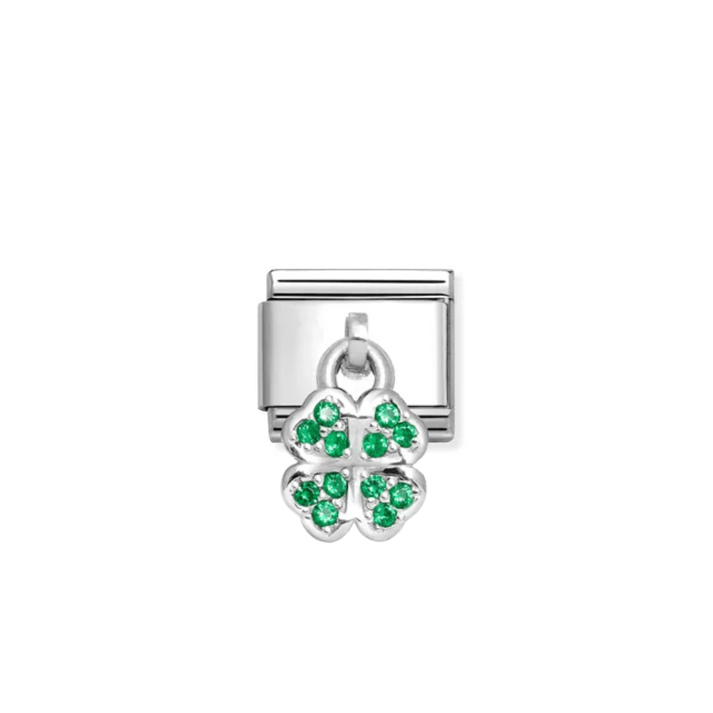 CHM Silver Links Hanging Charm - CZ Green Four Leaf Cl