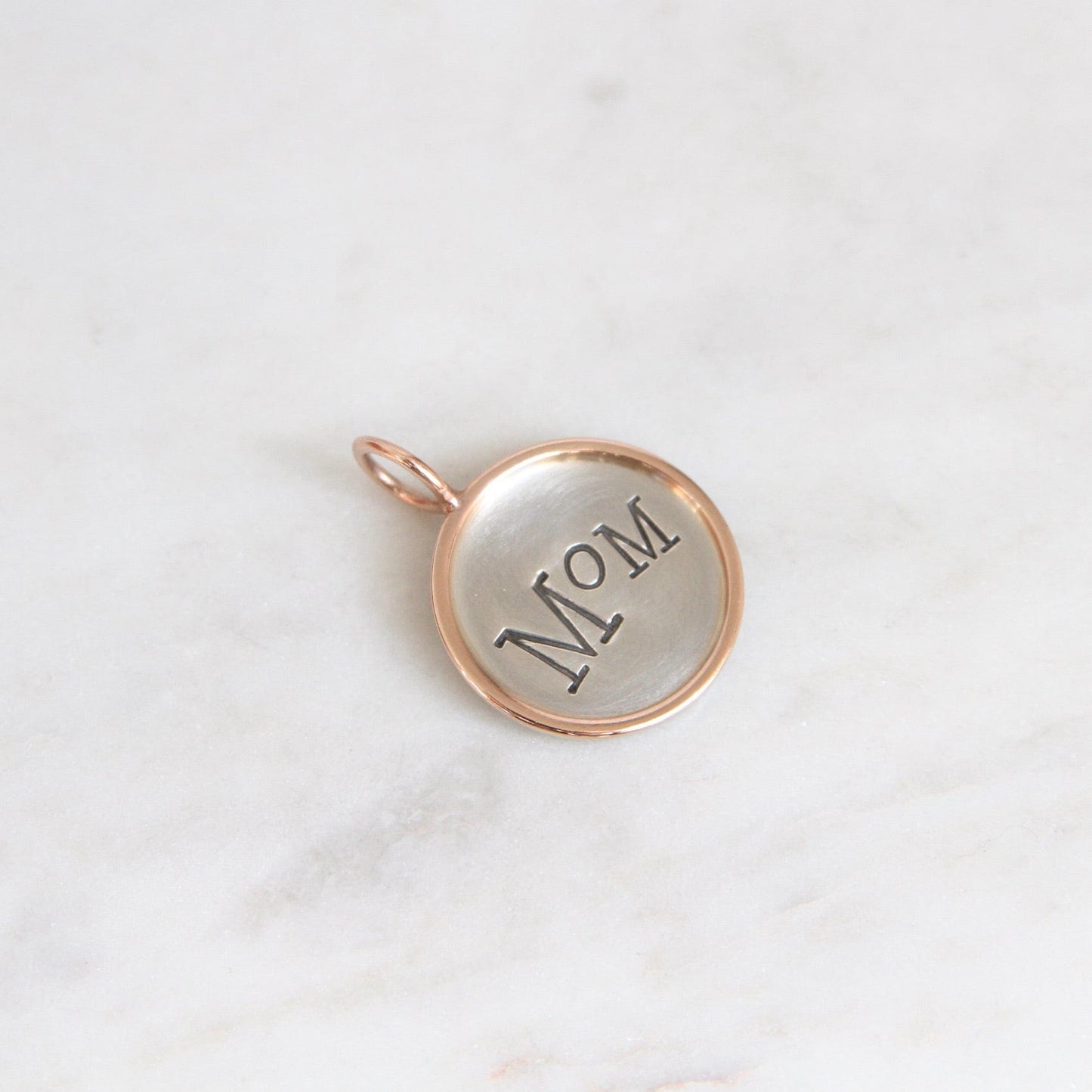 CHM Silver "Mom" Round Charm with Rose Gold Frame