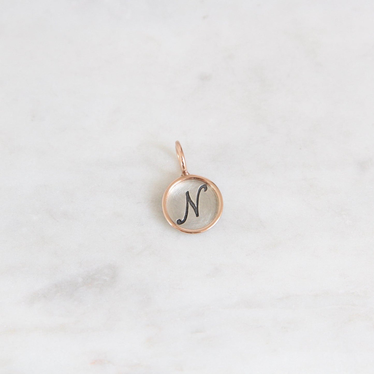 CHM Sterling Silver "N" Round Charm with 14K Rose Gold Frame