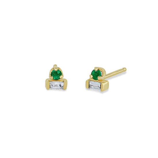 EAR-14K 14k Baguette Diamond & Prong Emerald Stacked Studs