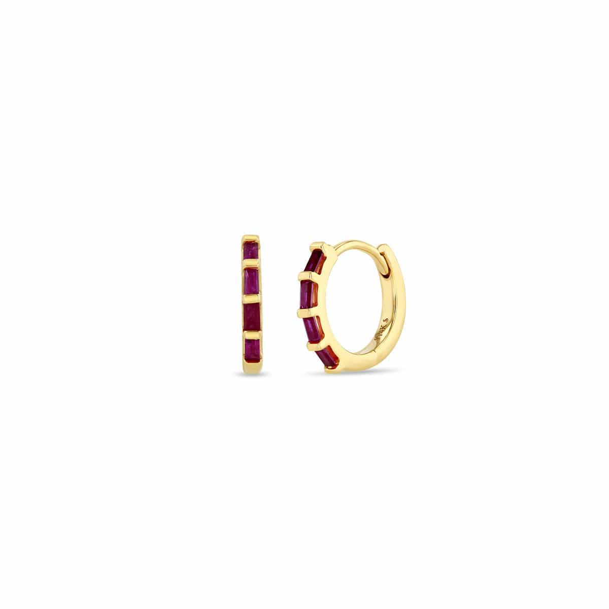 EAR-14K 14k Baguette Ruby Hinge Huggie Hoops