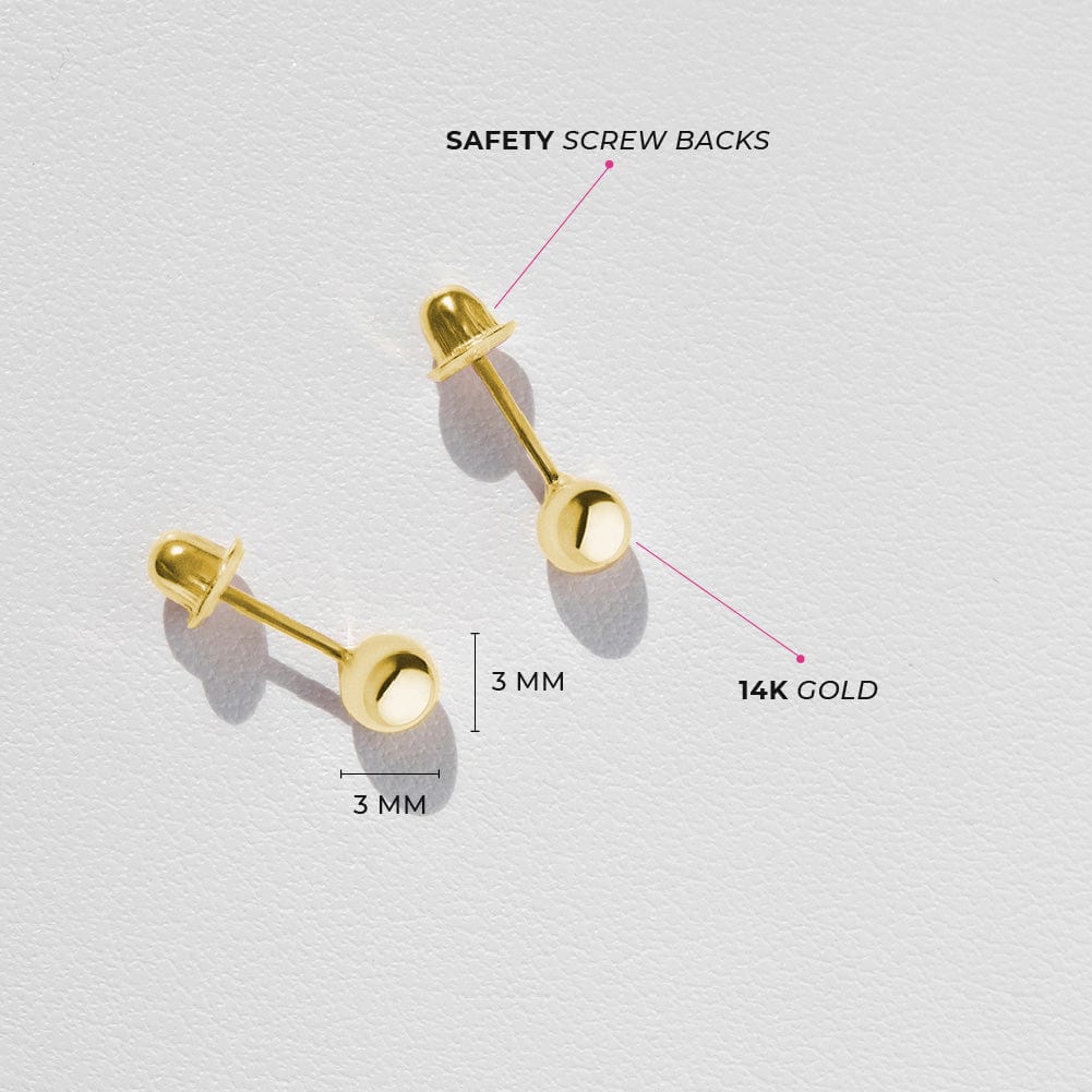 14K Solid Yellow Gold Screw Back Stud Earrings 3mm for Womens Kids Aretes  de Oro – Tacos Y Mas