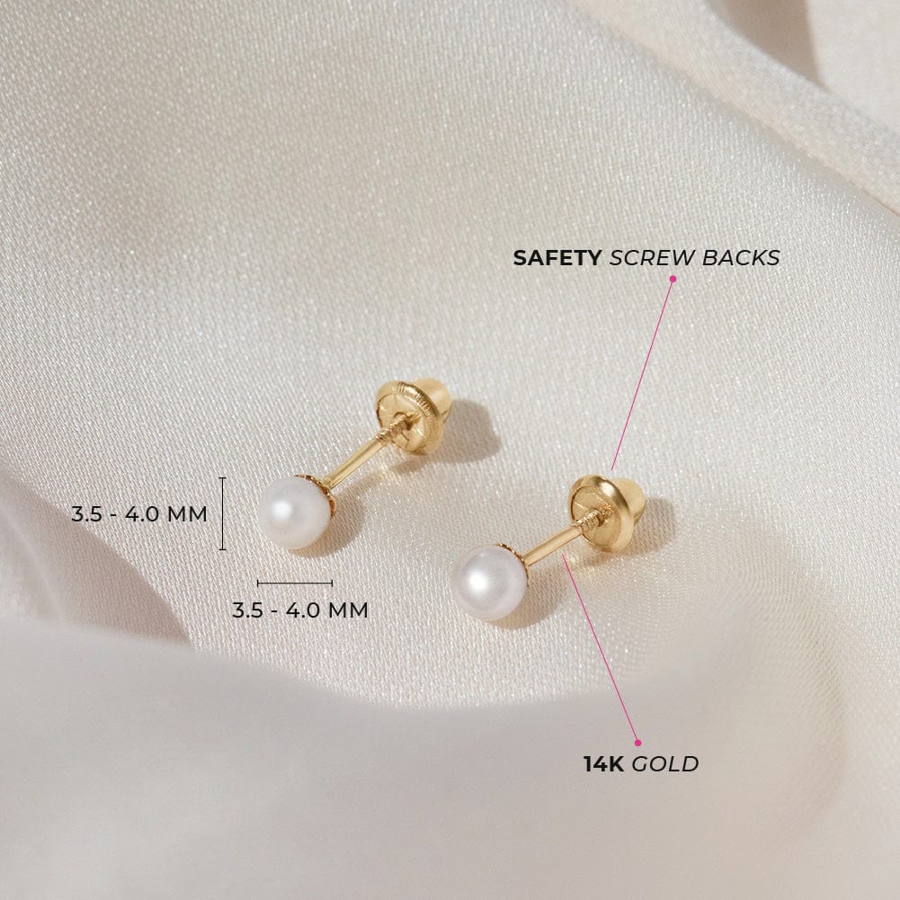 4mm Pearl 14K Yellow Gold Safety Screw Back Earrings