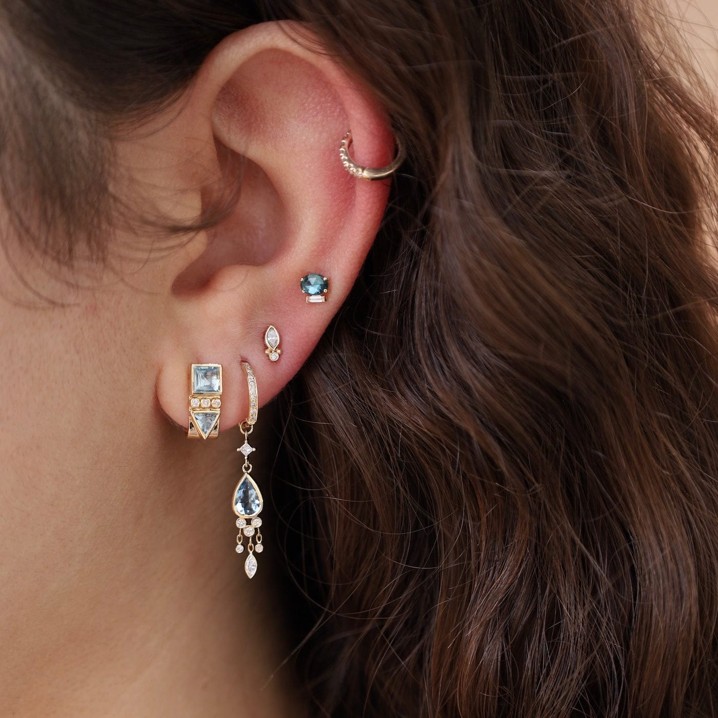 EAR-14K 14k  Diamond Hoops with Aquamarine Jellyfish Drop Earrings