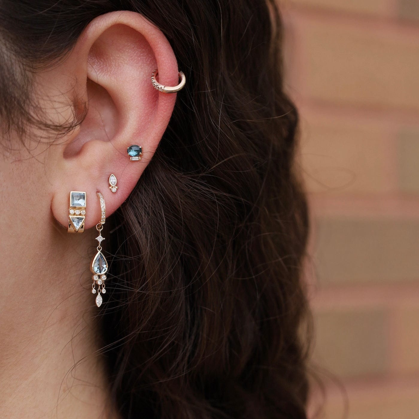 EAR-14K 14k  Diamond Hoops with Aquamarine Jellyfish Drop Earrings