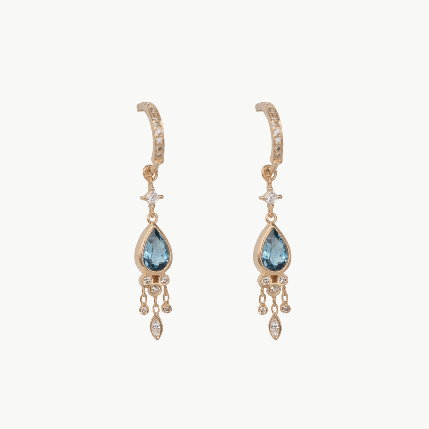 EAR-14K 14k  Diamond Hoops with Aquamarine Jellyfish Drops