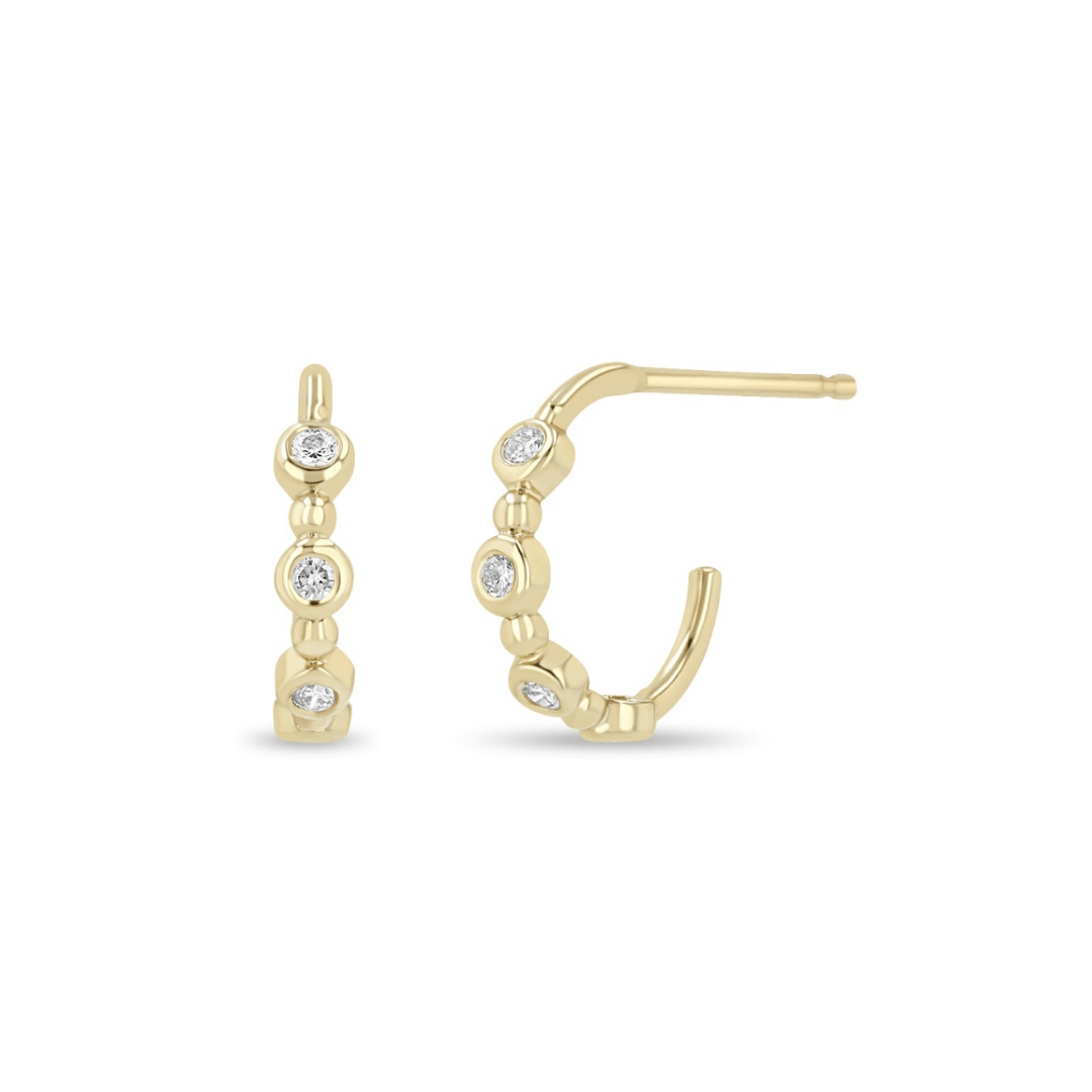 EAR-14K 14K Gold 3 Round Bezel & Bead Huggie Hoops with 1.