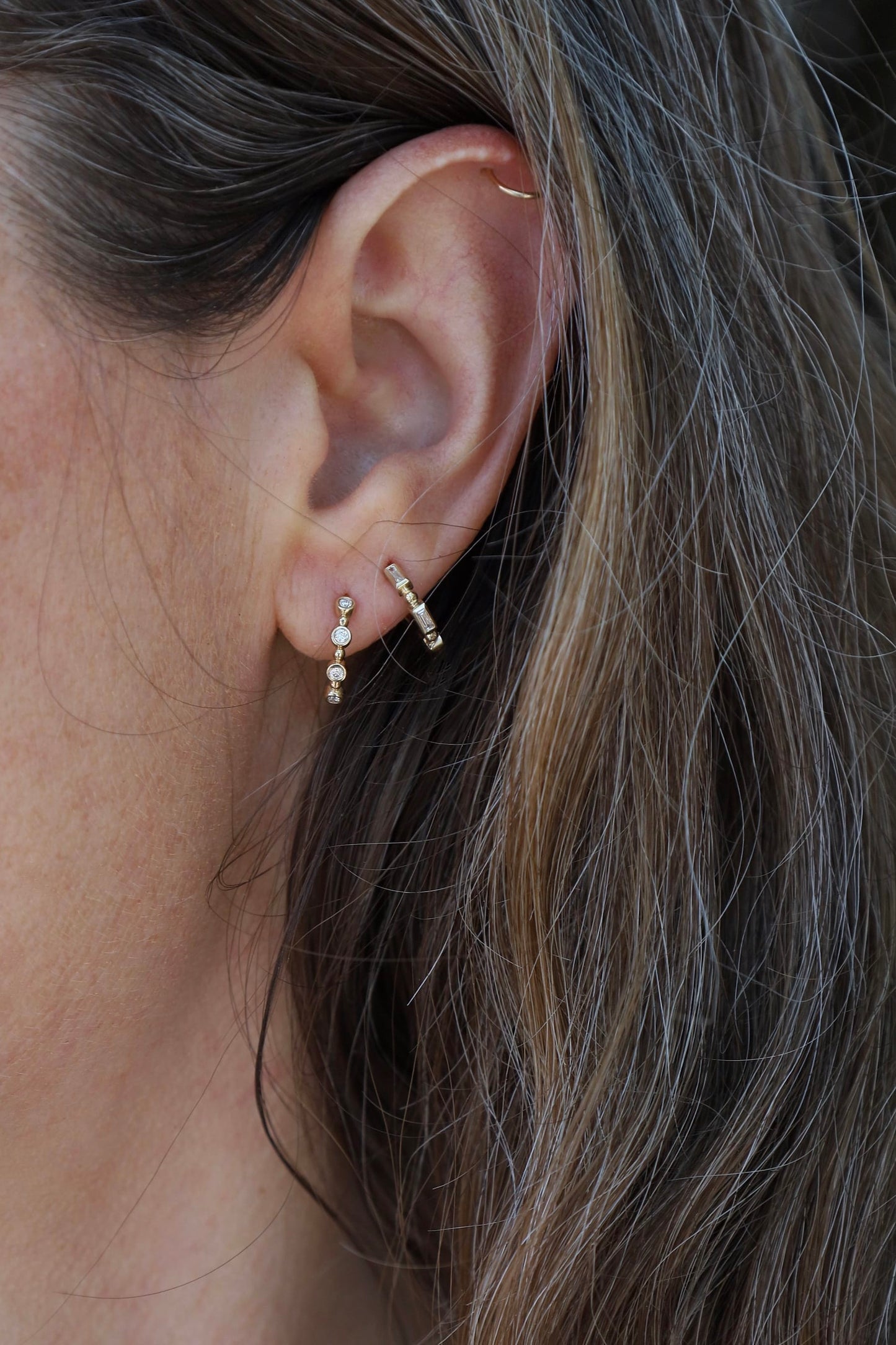 EAR-14K 14k Gold Baguette Diamond and Bead Huggie Hoops Earrings