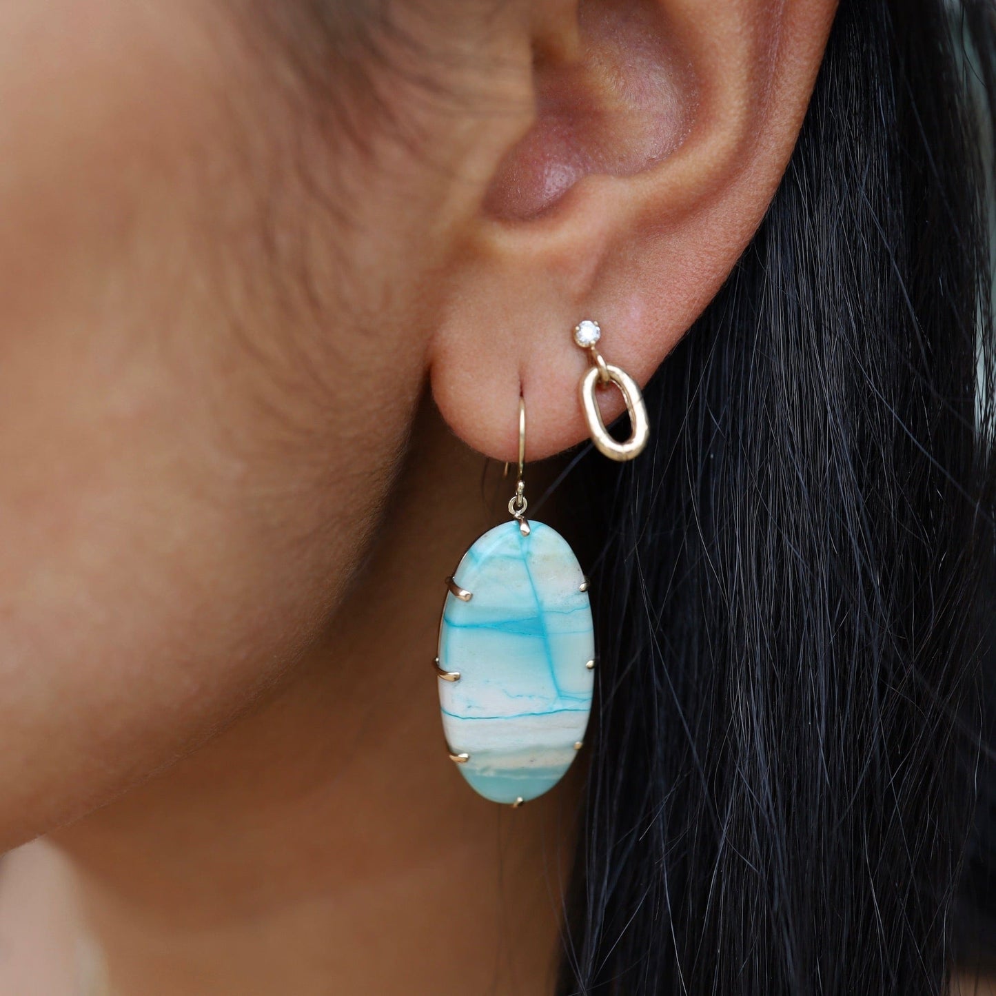 EAR-14K 14K Gold Earrings Large Oval Indonesian Blue Fossilized Opalized Wood