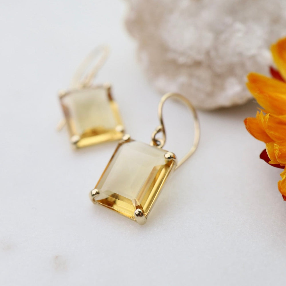 
                      
                        EAR-14K 14K Gold Earrings with Small Emerald Cut Citrine in Prongs
                      
                    