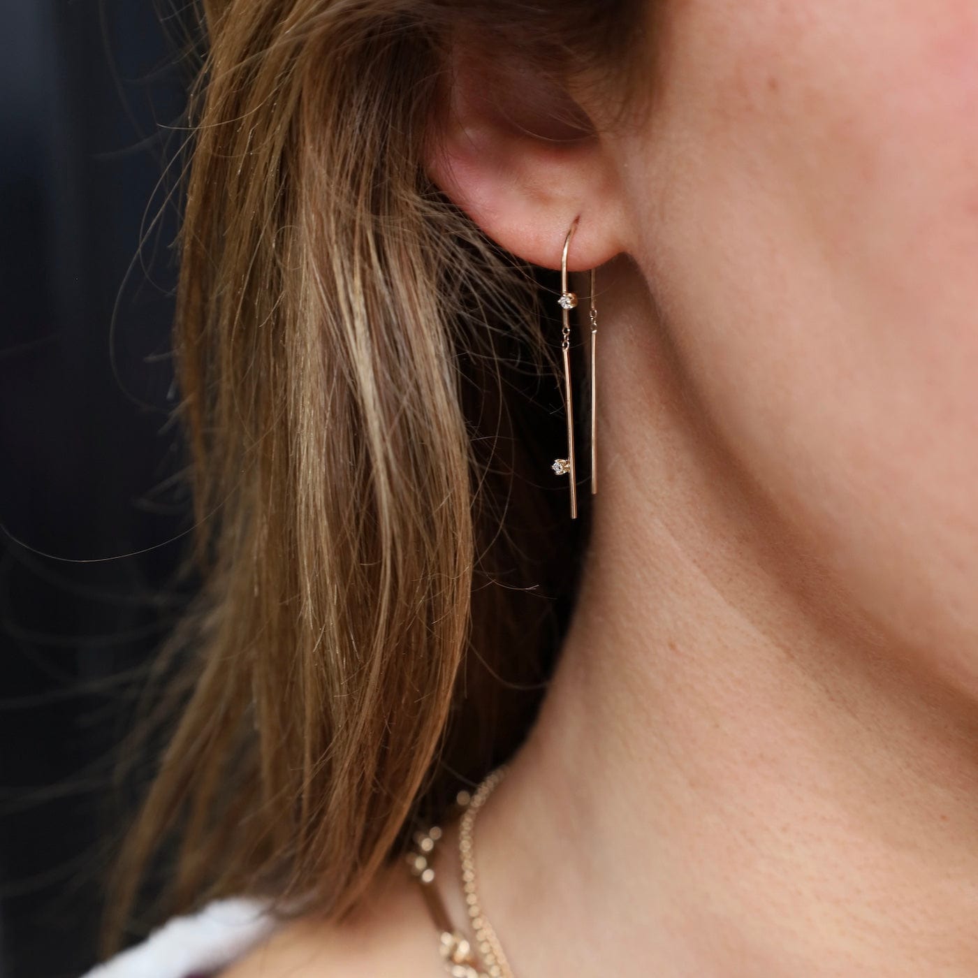 EAR-14K 14K Gold Short Wire Diamond Thread Thru Earrings