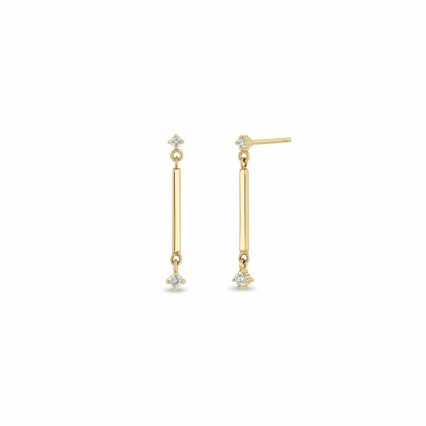 EAR-14K 14k Gold Square Bar Linked Earrings with 2 Graduating Diamonds