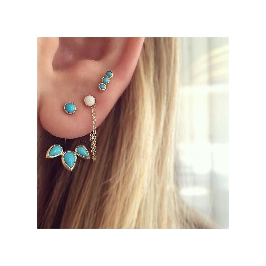 EAR-14K 14K Gold  Studs with 3 Straight Bezel Set Turquois